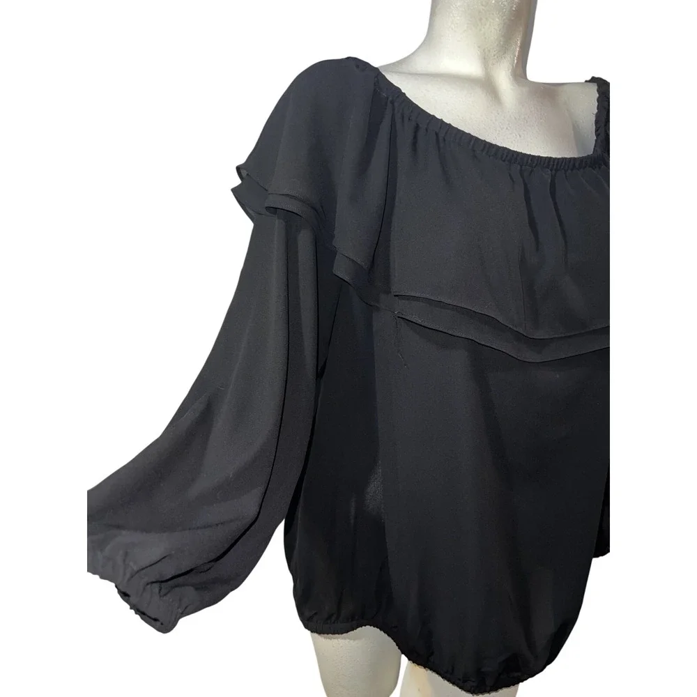 Michael Kors Black Off the Shoulder Ruffle Blouse Long Sleeve Elastic Hem Top 1X